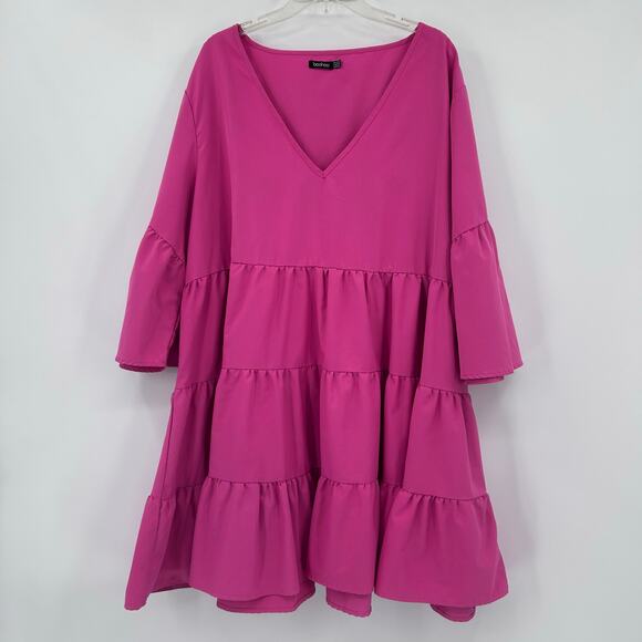 Boohoo Fuchsia Pink Tiered Babydoll Tiered Ruffled V Neck Dress Womens Size 20 - Picture 3 of 10